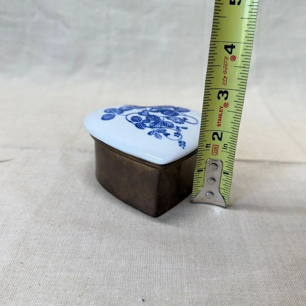 Vintage Heart Trinket Box Brass Porcelain Blue Floral Jewelry Keepsake 1970s